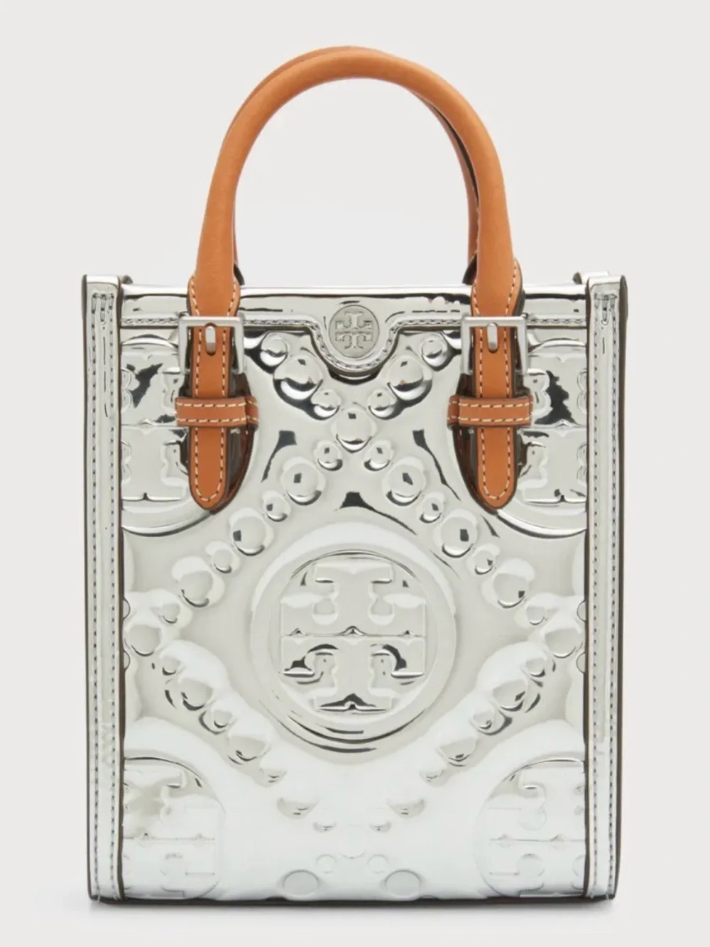 Tory Burch Silver Mirror Mini Tote with Tan Leather Trim